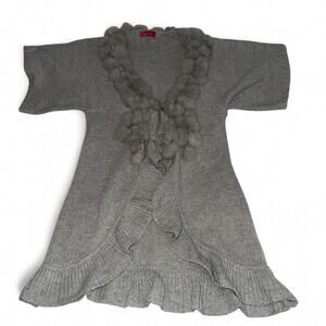 Y2K Boho Cleo Grey Knit Cardigan Faux Fur Pom Pom Indie Penny Lane Cozy M